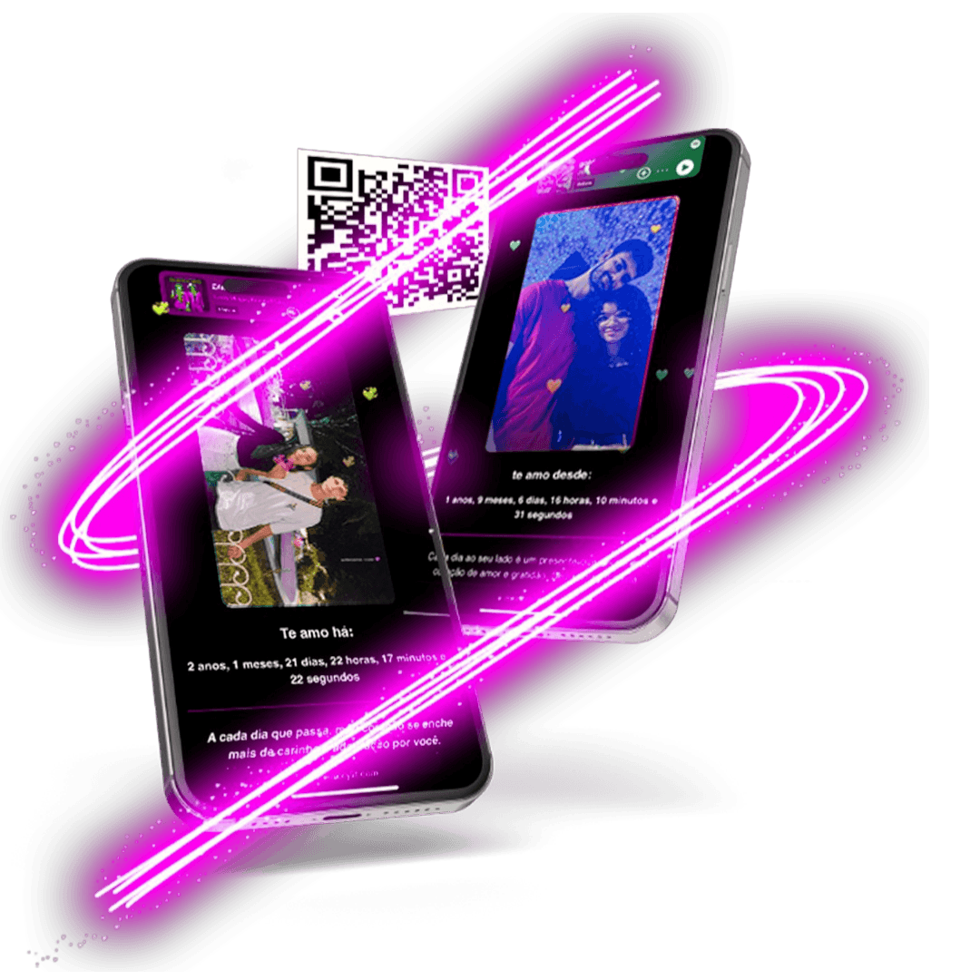 QR Code personalizado com celular mostrando galeria de fotos de casal romântico - MeuAlbuum